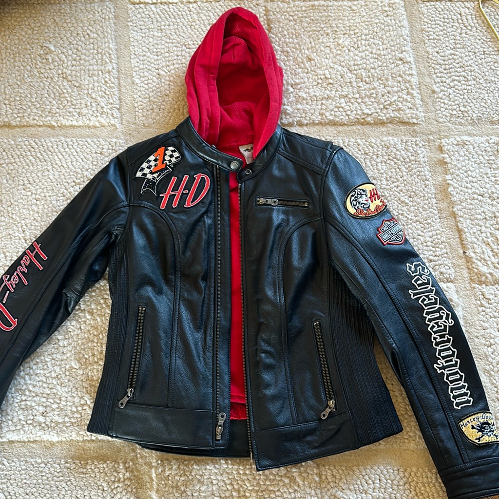 Harley Davidson, Black Leather Jacket With Red Hoodie Insert. Size S